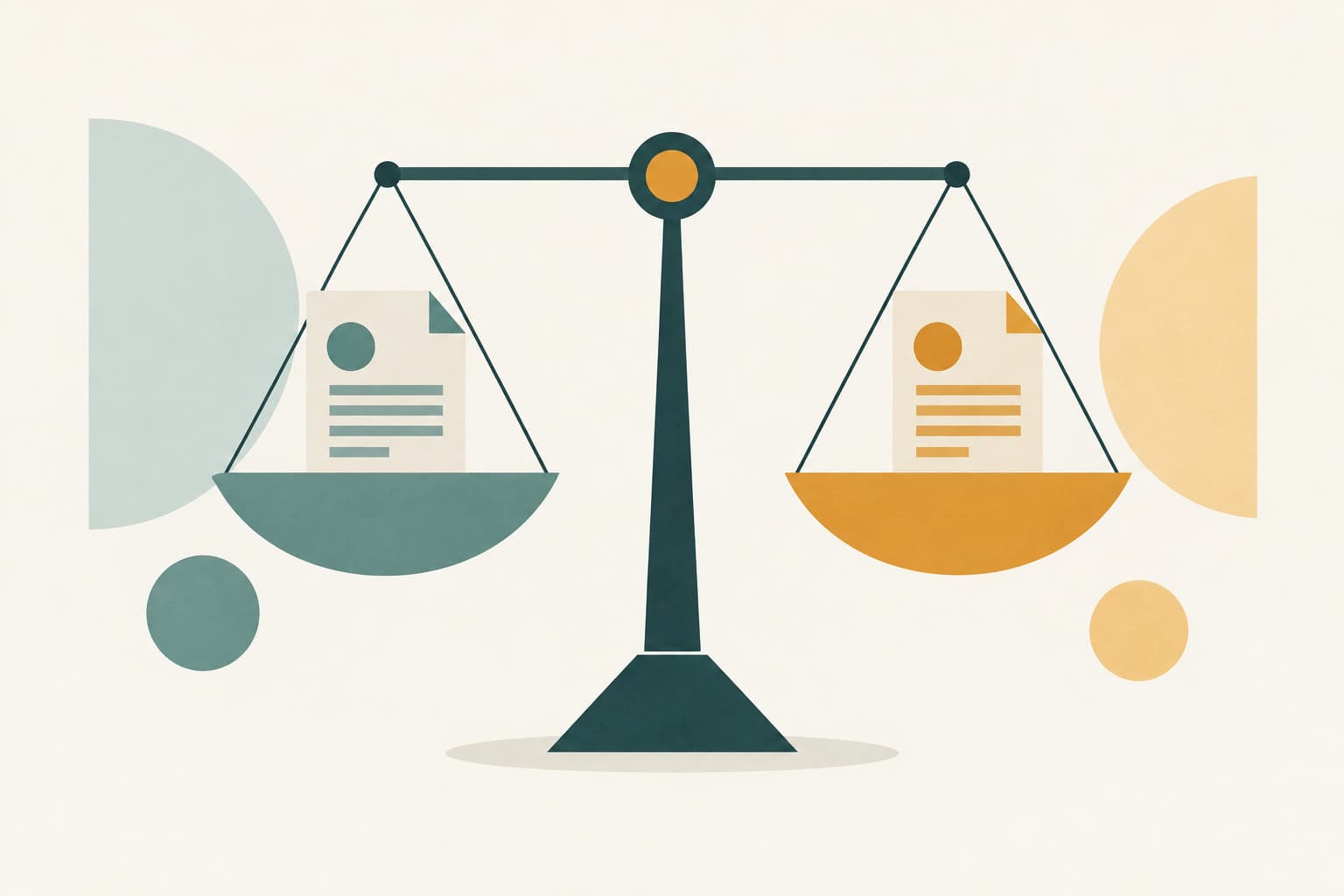 A balance scale with document shapes on each side