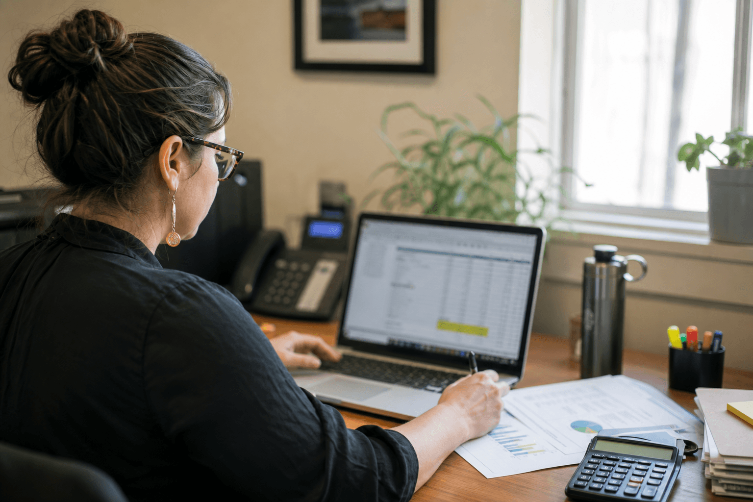 Nonprofit finance staff working through a grant budget spreadsheet on a laptop
