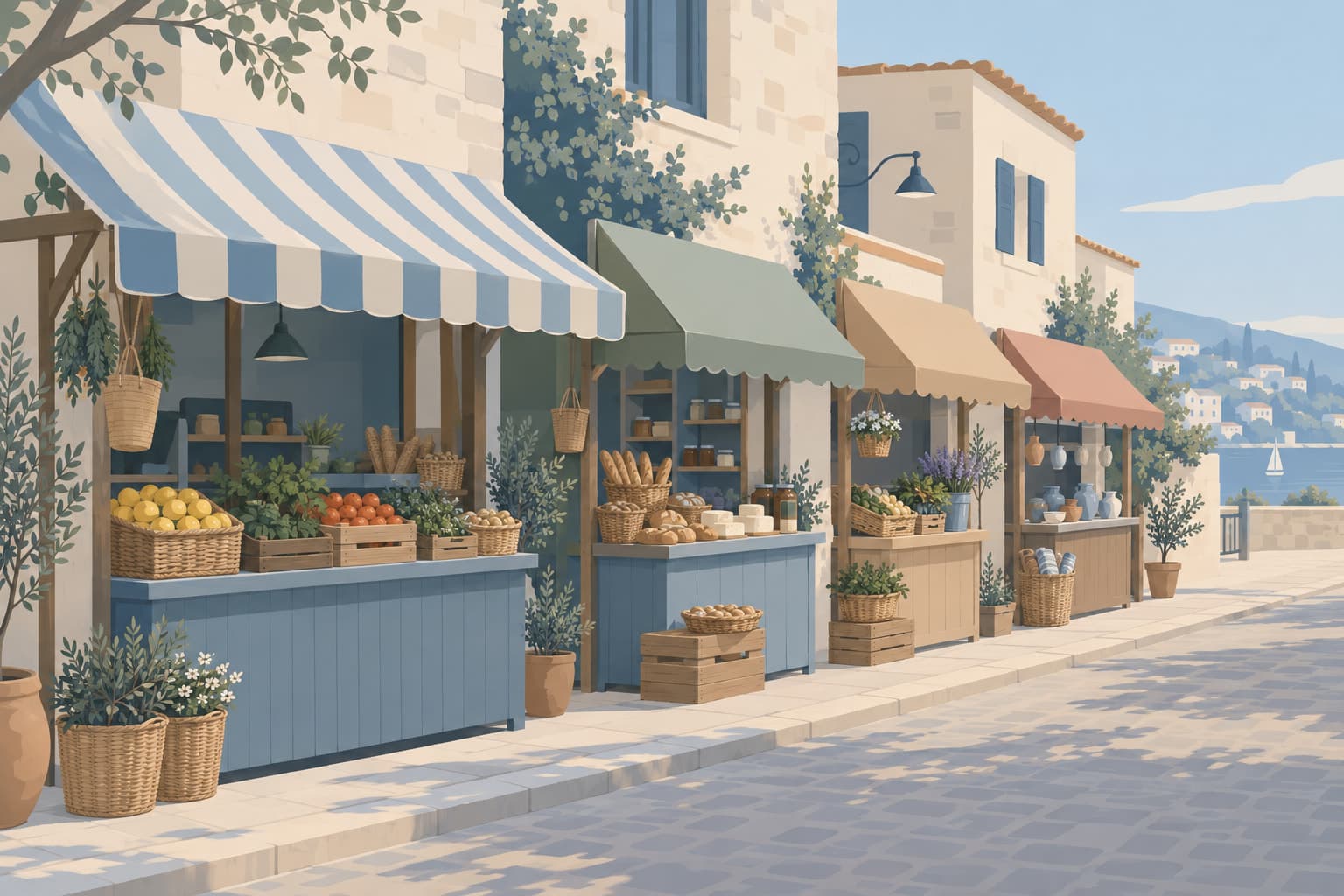 A row of market stalls with awnings of different widths and colors along a quiet street