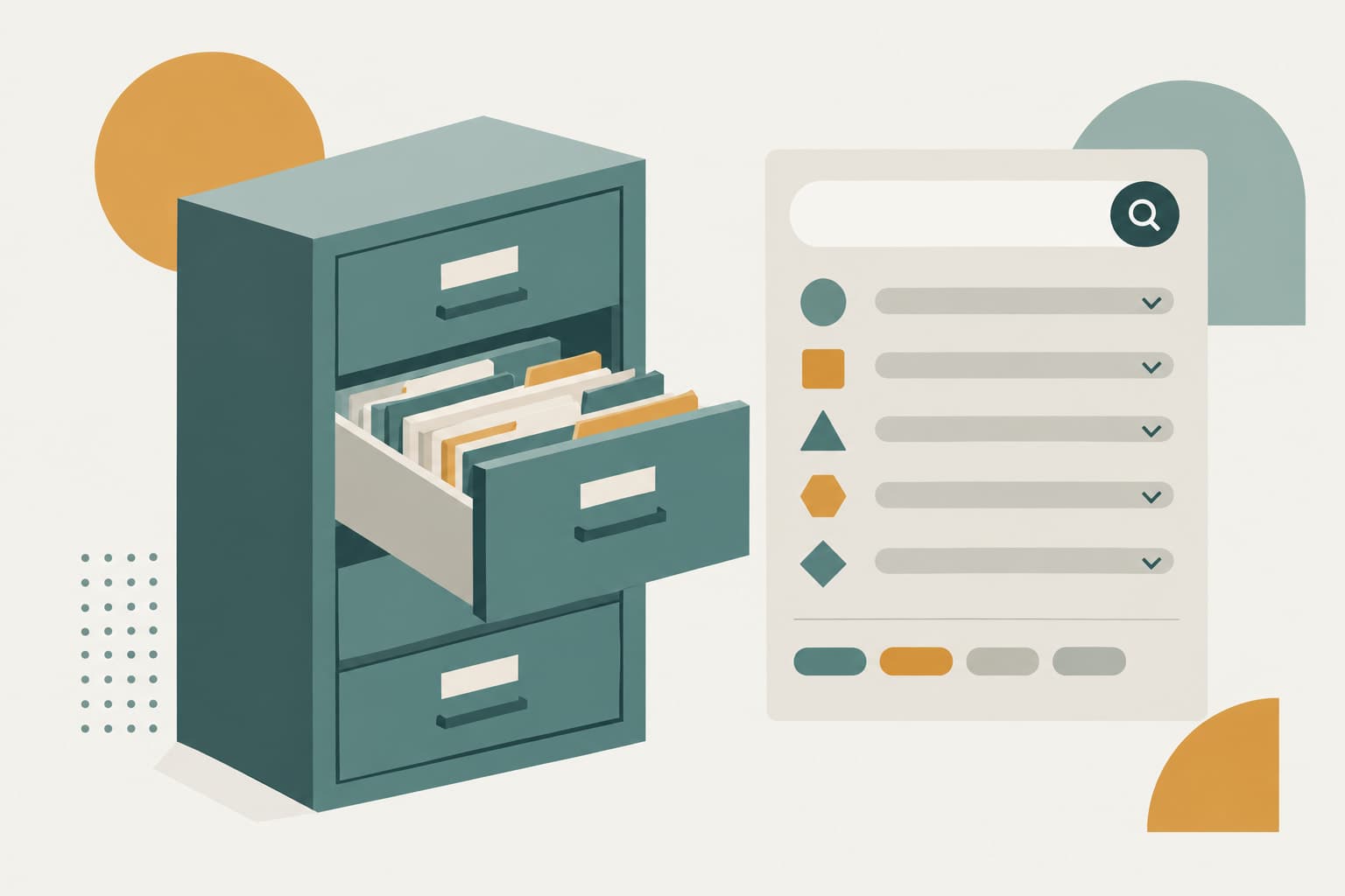 An open archive drawer beside a search panel with filter shapes