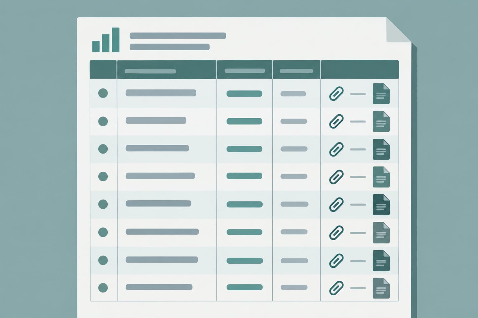 A ledger sheet with rows linked by paperclip icons to document symbols