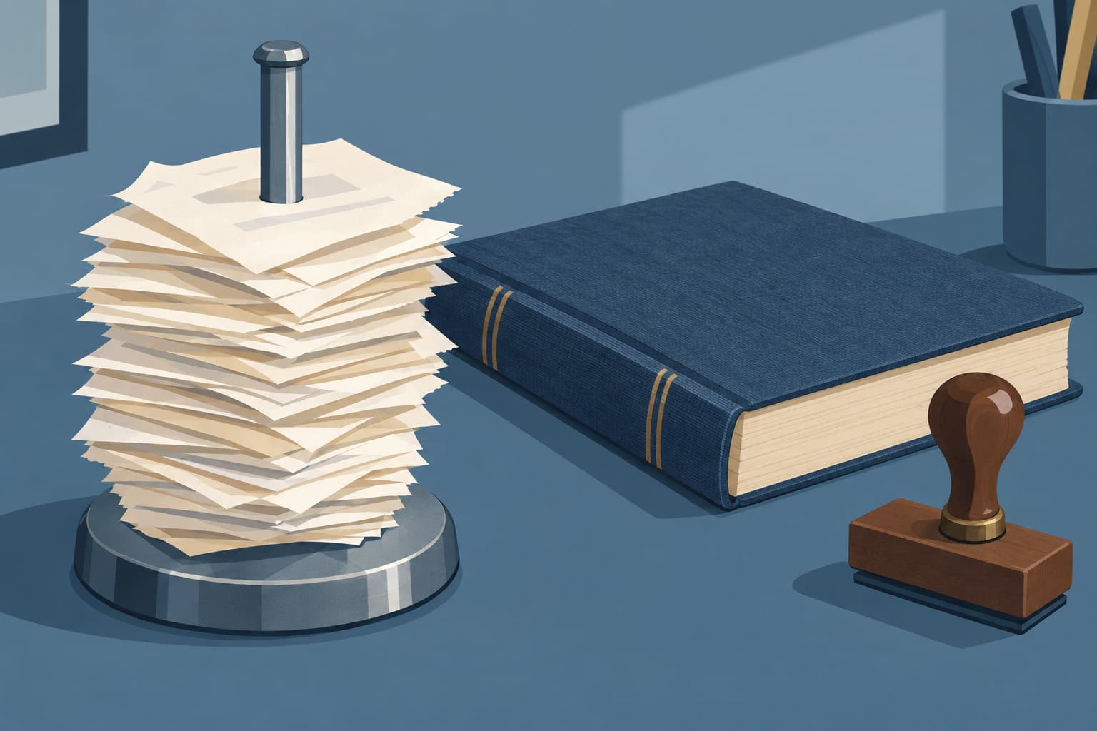 A desk spindle stacked with paper receipts beside a closed ledger book