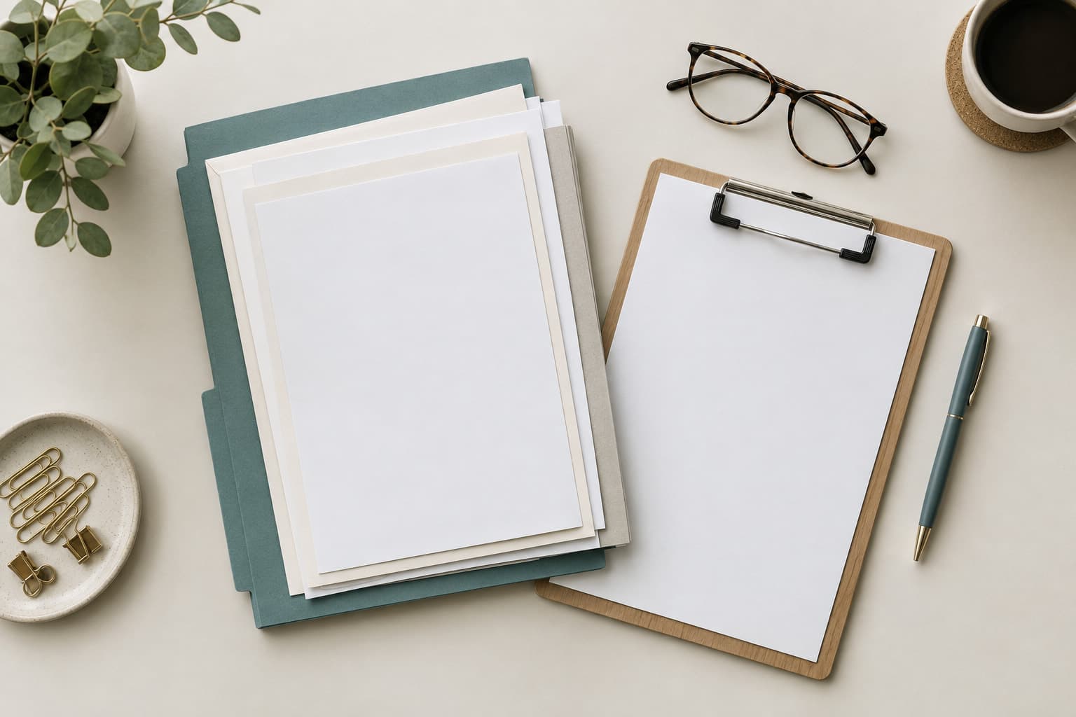 A top-down view of stacked documents, a clipboard, reading glasses and a pen