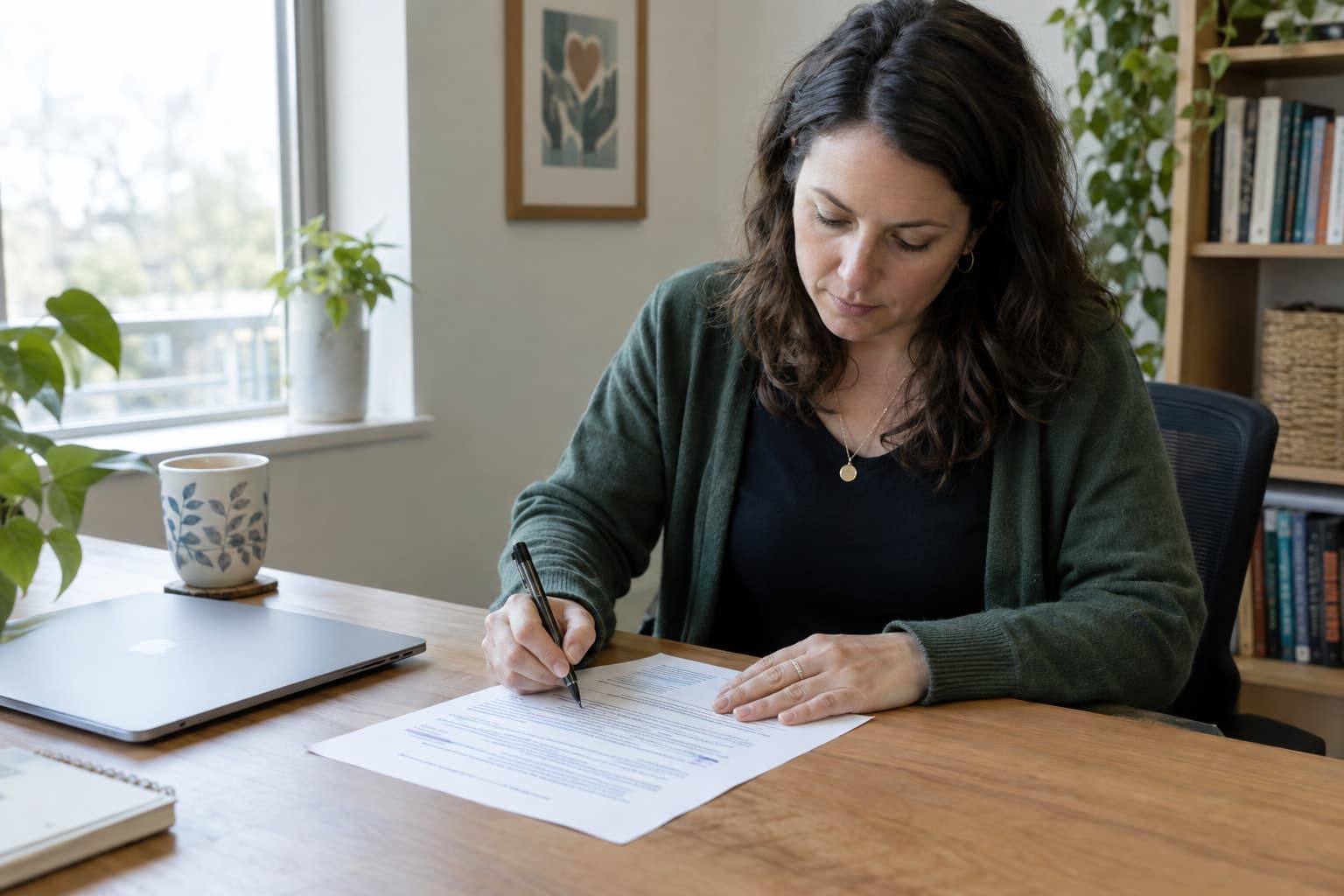 A nonprofit hiring manager marking up a printed one-page job description at a wooden desk