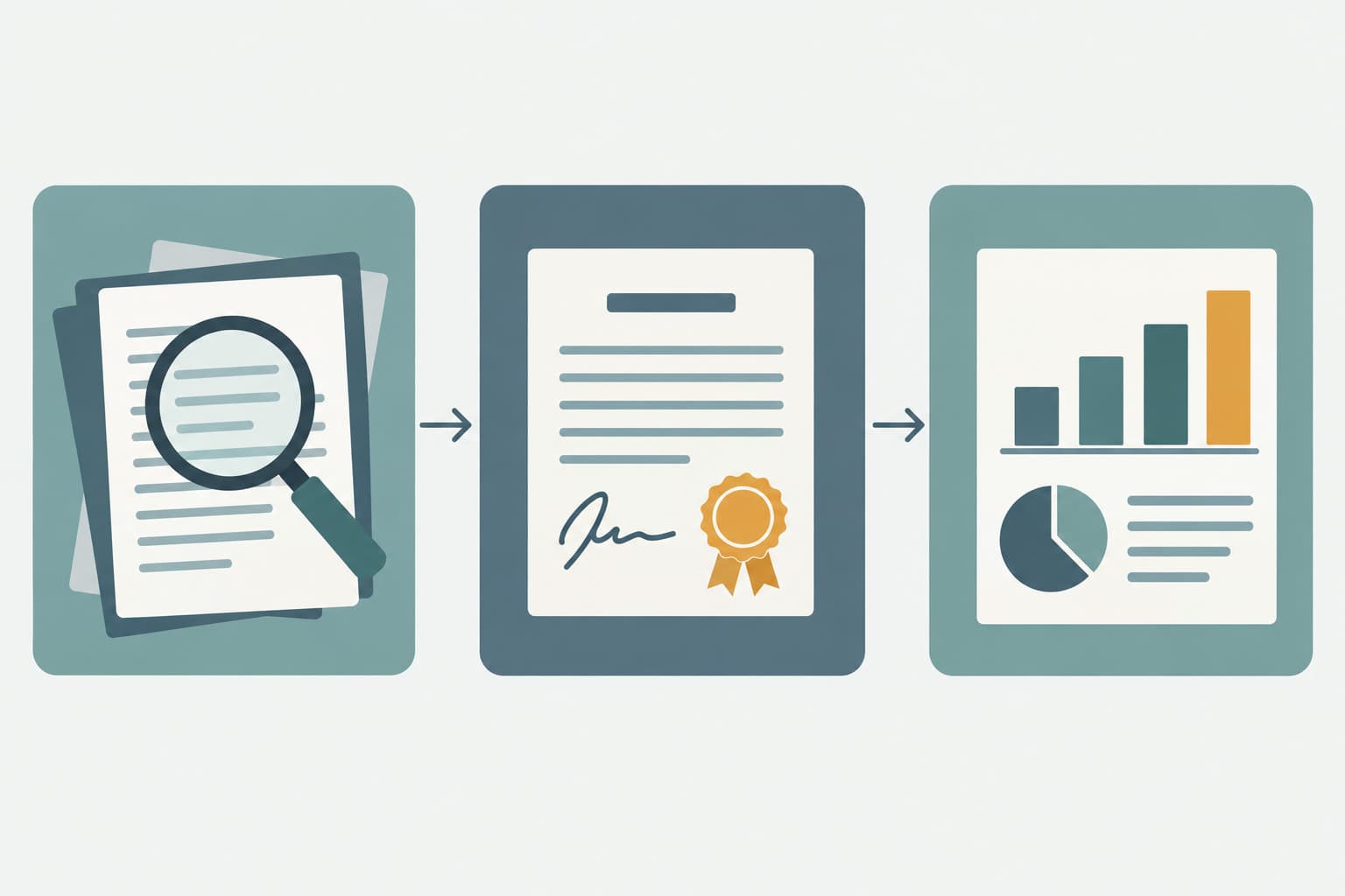 Three connected panels showing a grant moving from research to award to final report
