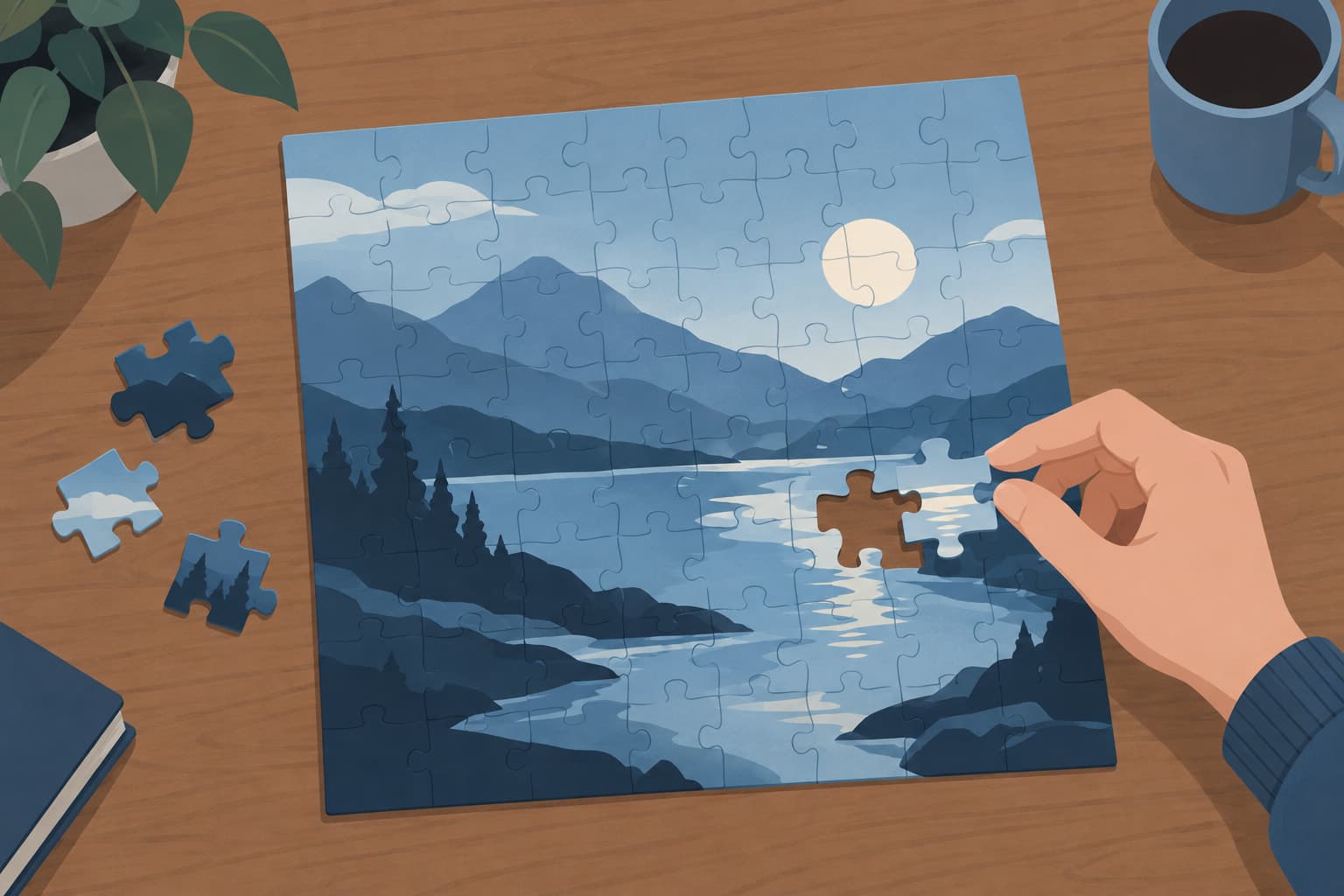 A hand placing the last piece into a nearly finished jigsaw puzzle on a table
