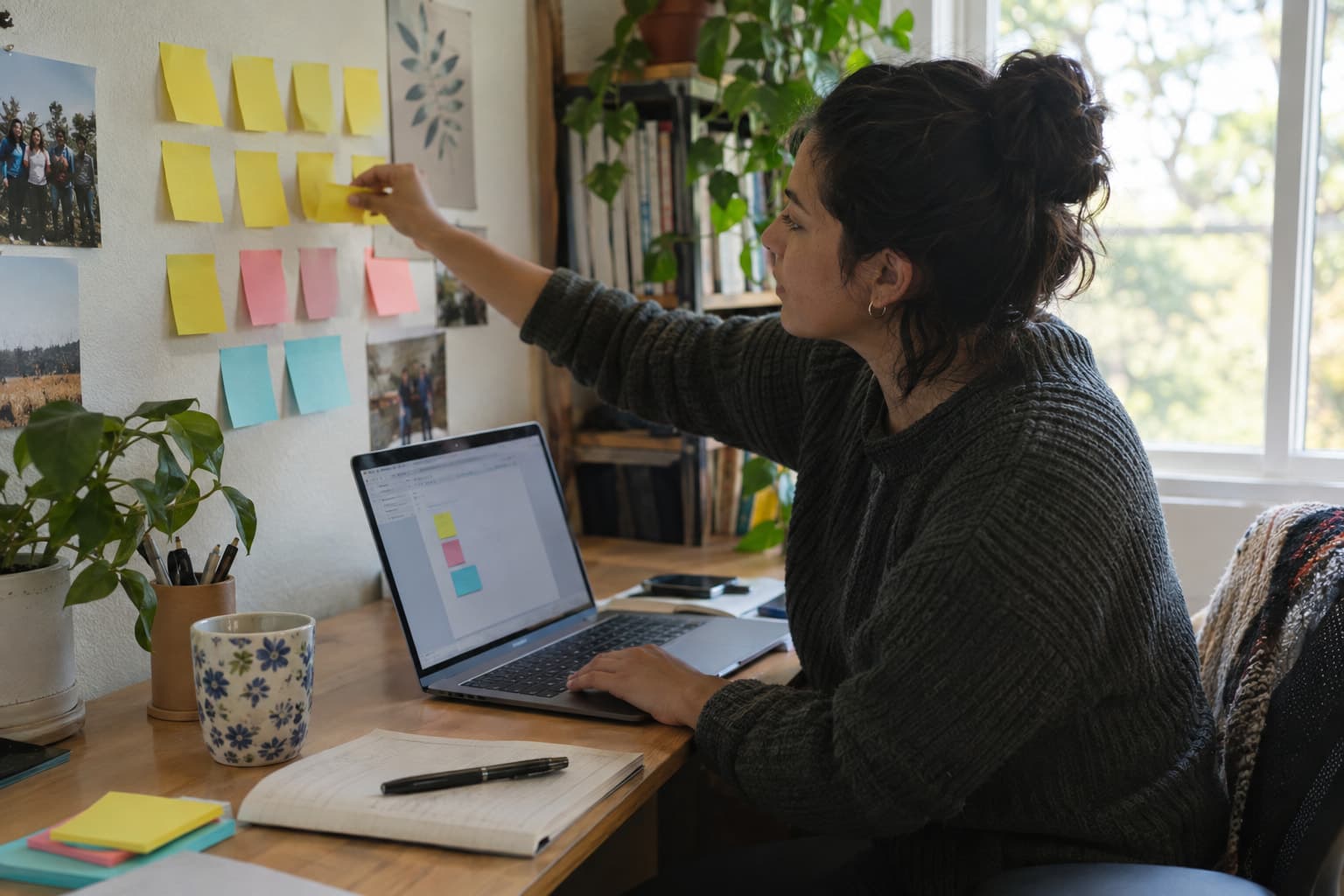 A staff member moving sticky notes from a wall to an open document on a laptop