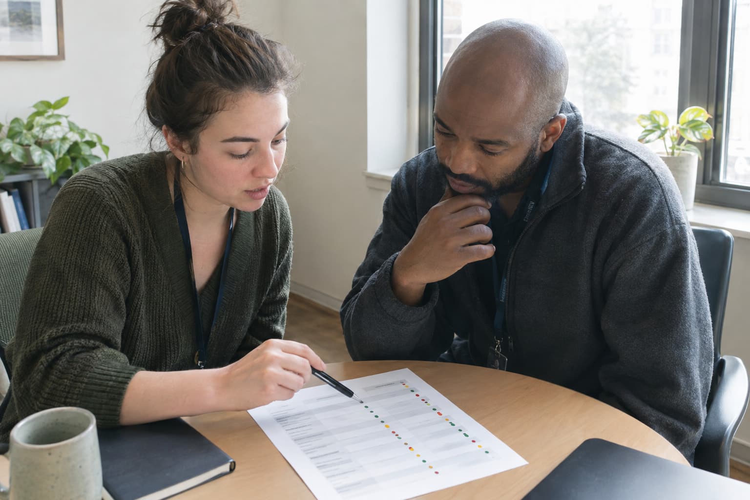Two colleagues at a small table reviewing a printed status sheet marked with colored dots