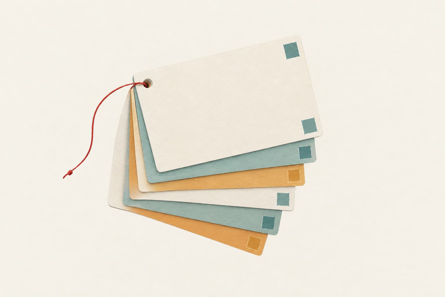 A slightly fanned stack of index cards joined by a thin thread through one corner