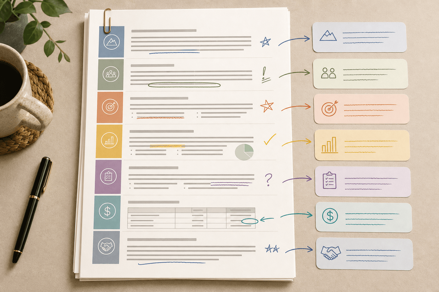 Annotated grant proposal example with margin notes beside each section