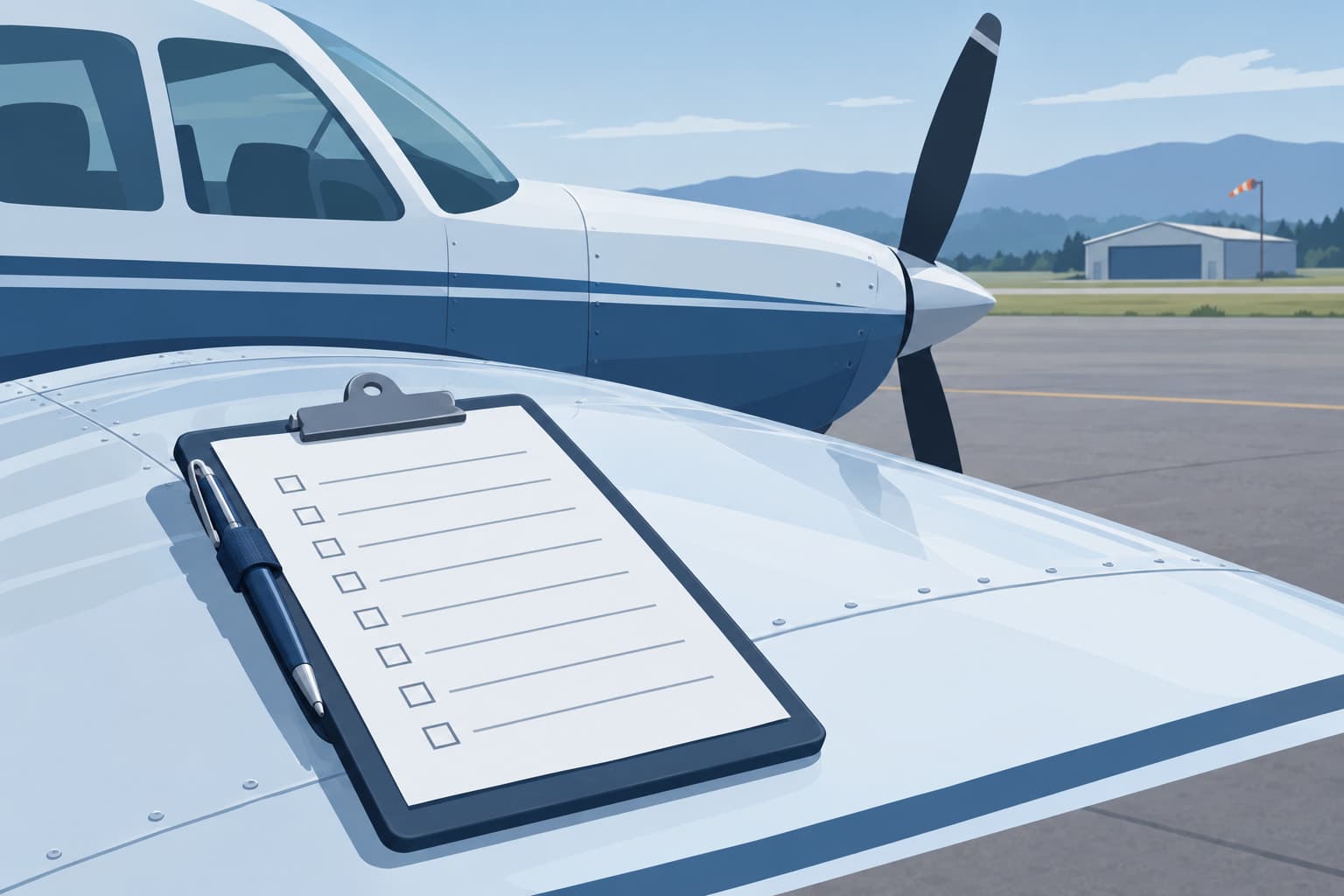 A clipboard checklist resting on the wing of a small plane before takeoff