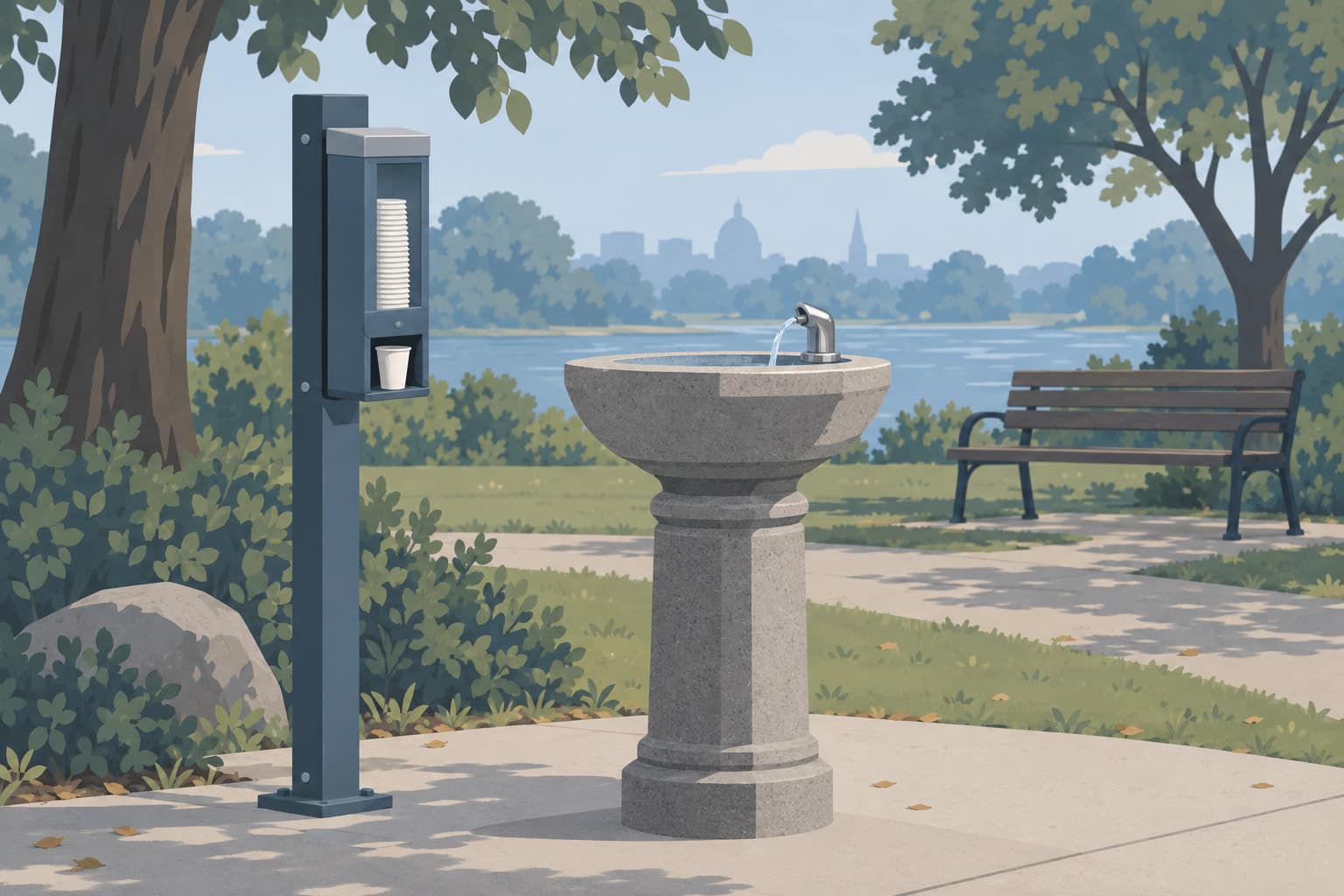A public drinking fountain in a quiet park beside a paper cup dispenser