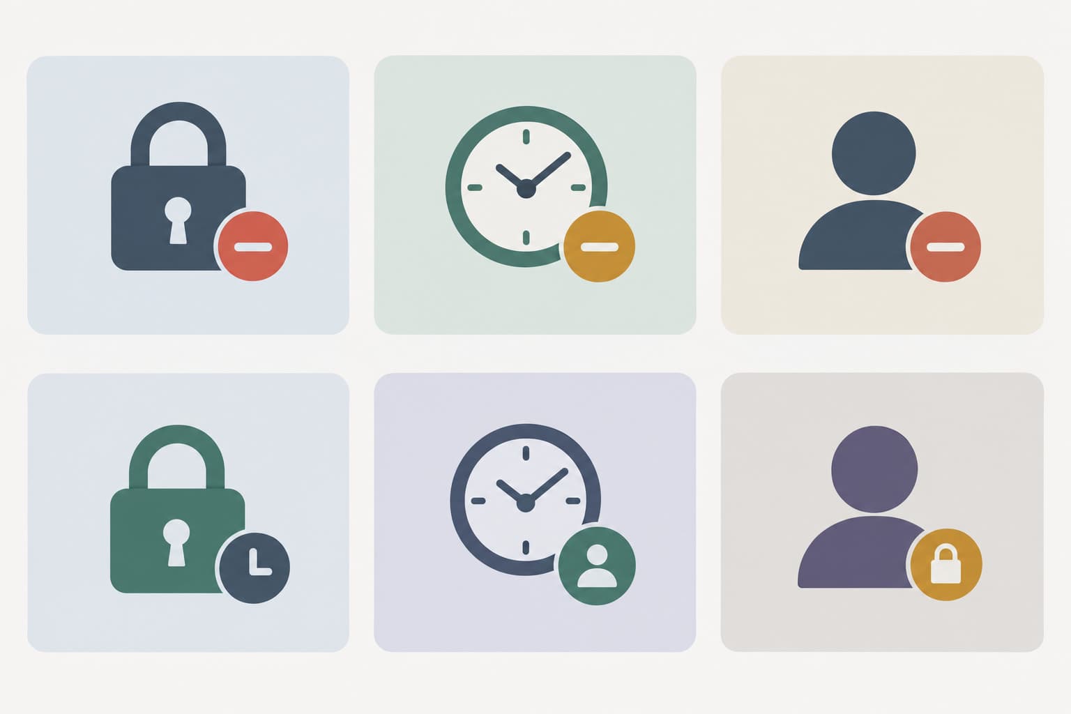 Six rounded cards in a grid, each with a lock, clock or user badge icon