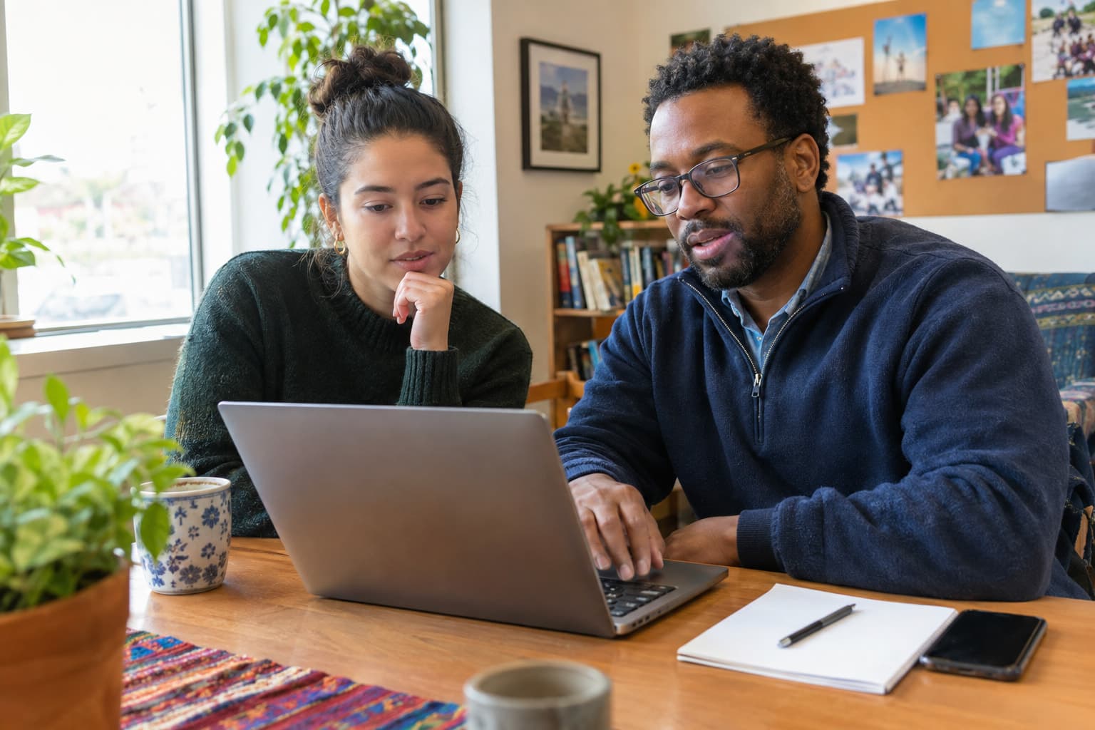 Two staff members reviewing a laptop at a shared table by a side window