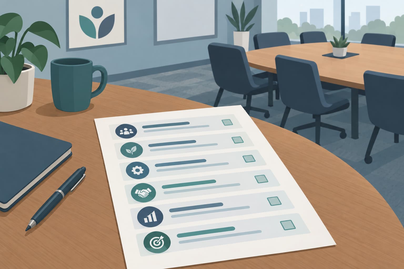A worksheet with six stacked rows and a column of small square markers beside a conference table