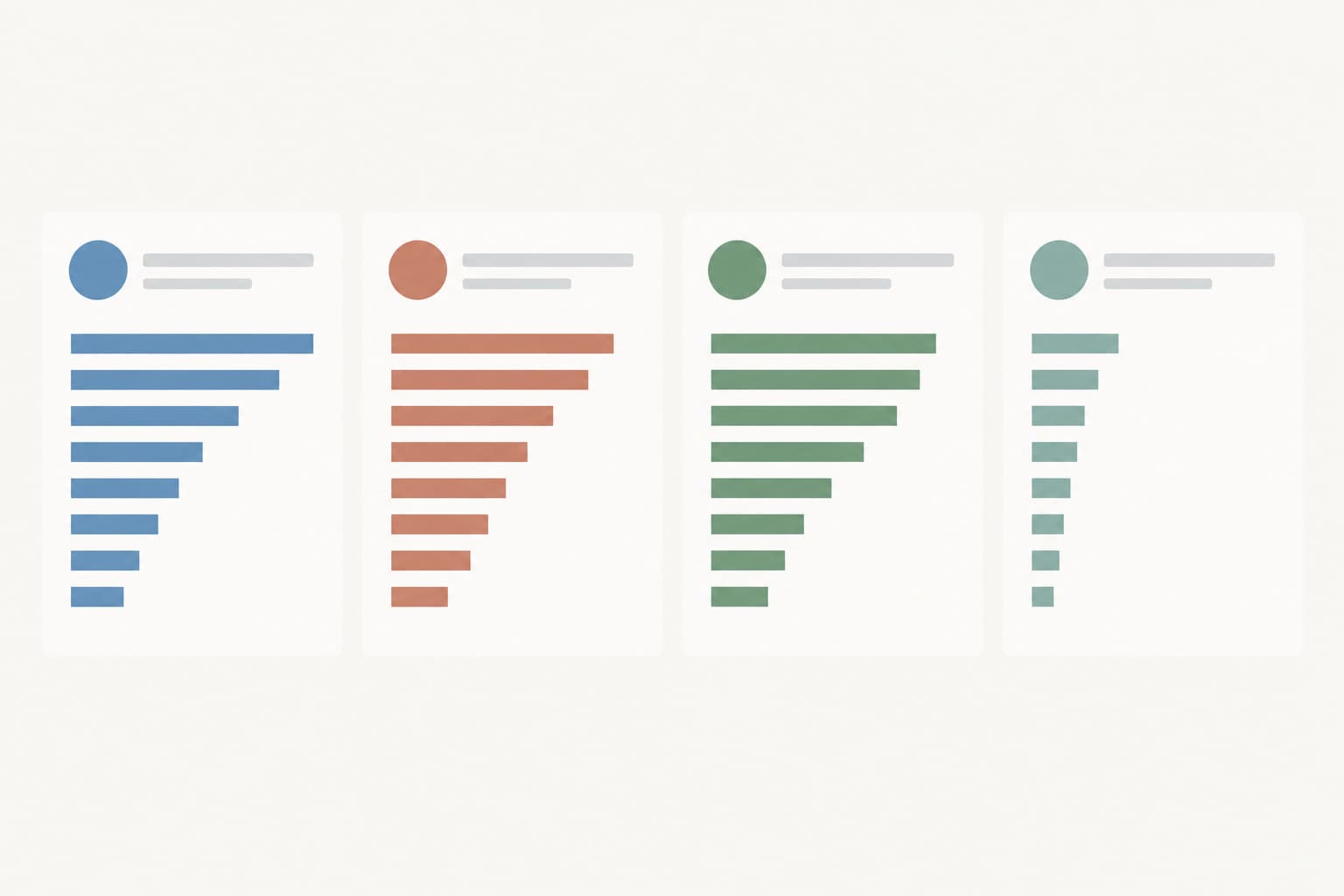 Four document cards in a row, each with bands of horizontal bars