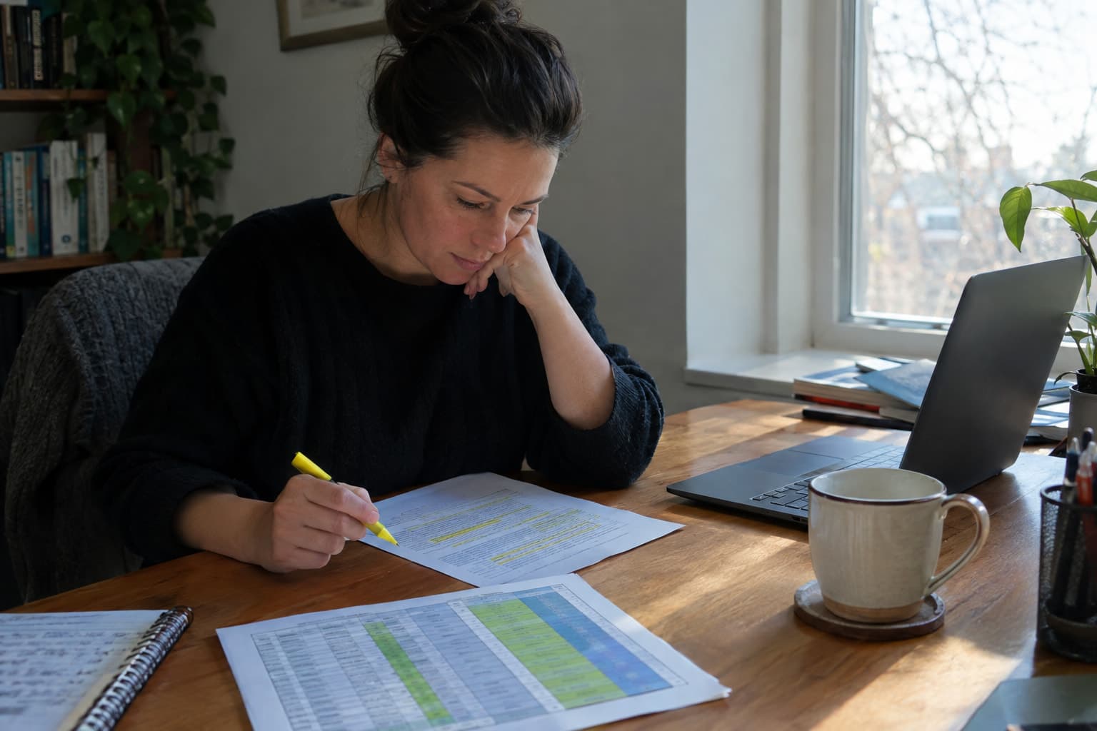 A person alone at a desk with a printed table and a highlighted draft page