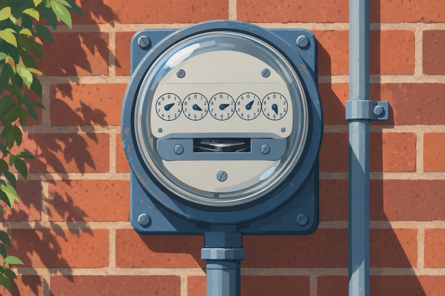 An old electric meter with round dials mounted on a brick wall