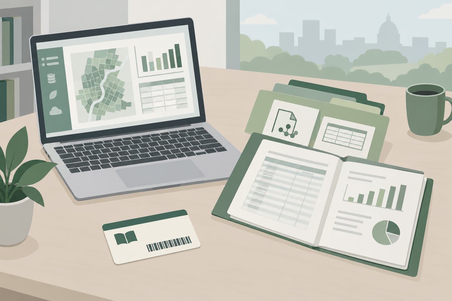 A laptop beside open data files and a library card on a desk