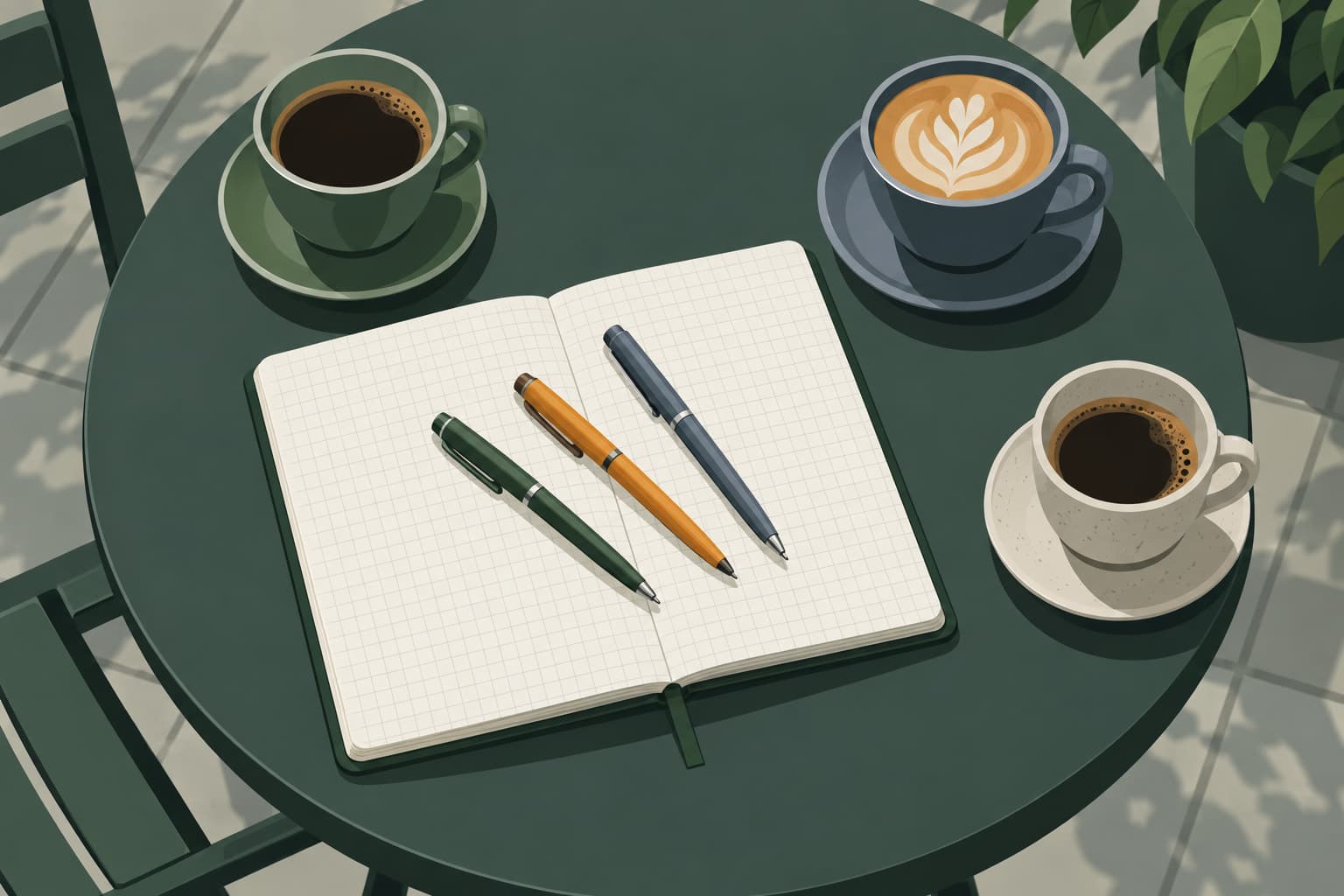 An open grid notebook on a round café table with three different colored pens and three coffee cups