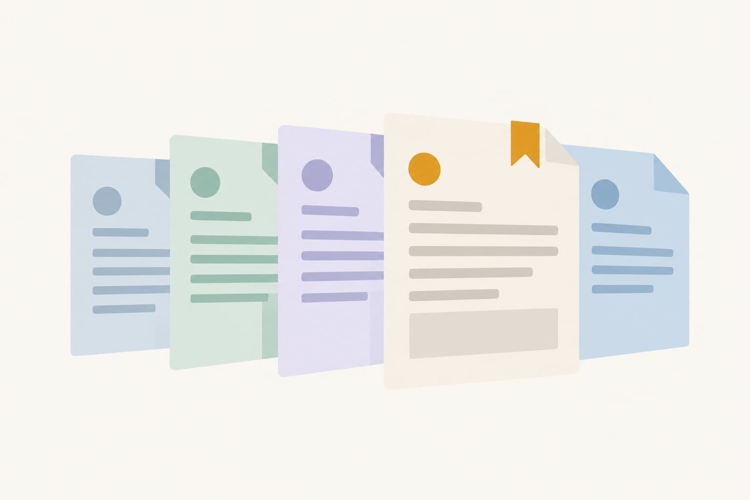 Overlapping document versions fanned out in a row with one marked by a small flag