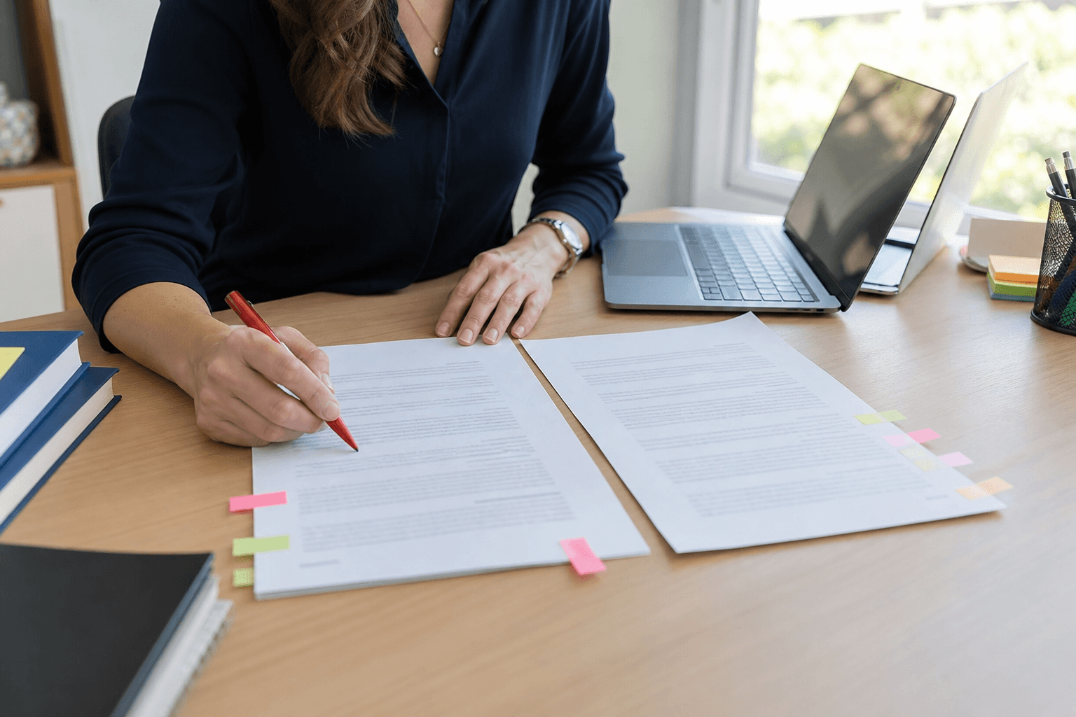 Grant writer comparing two printed proposal drafts at a desk