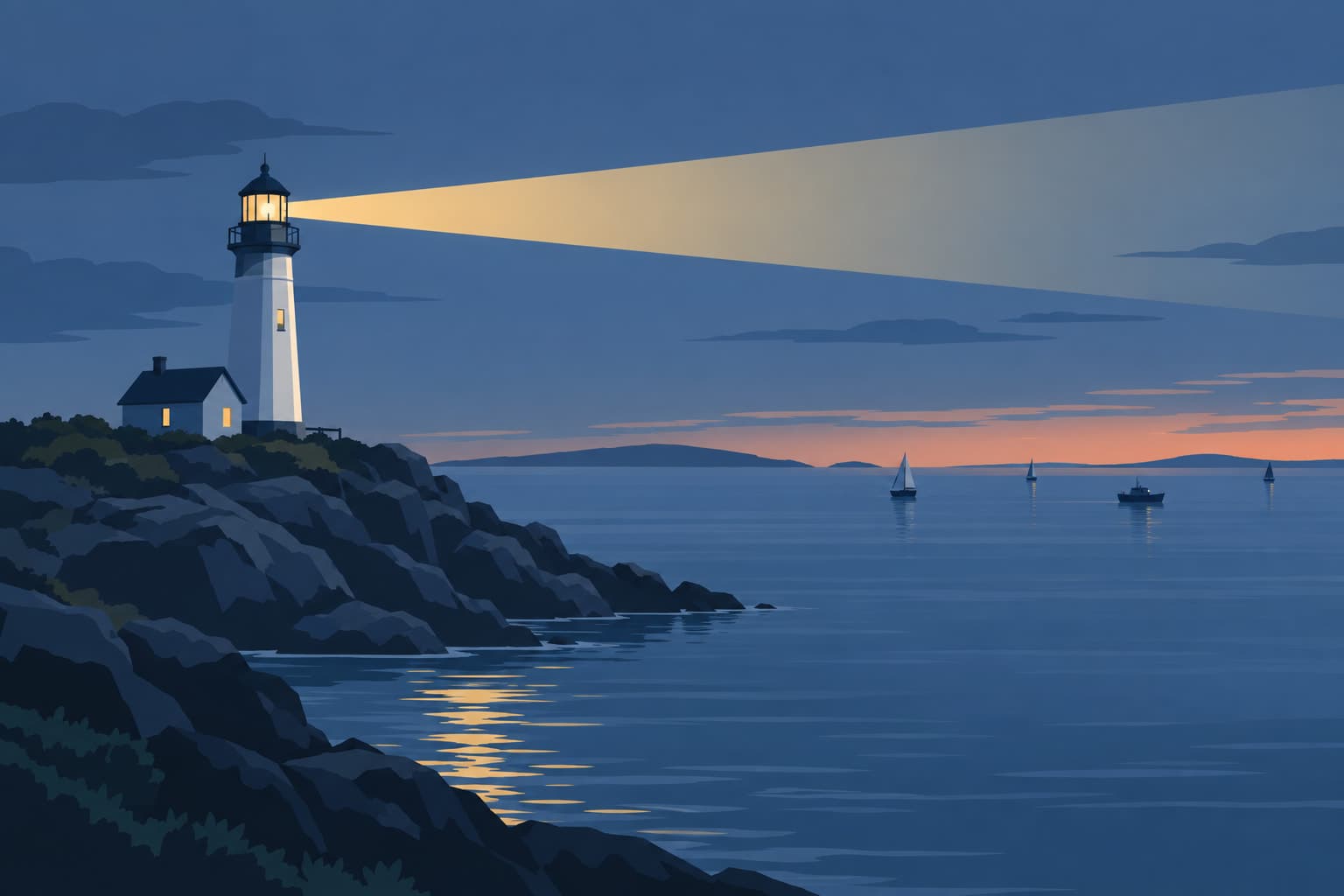 A lighthouse beam sweeping across a calm evening sea