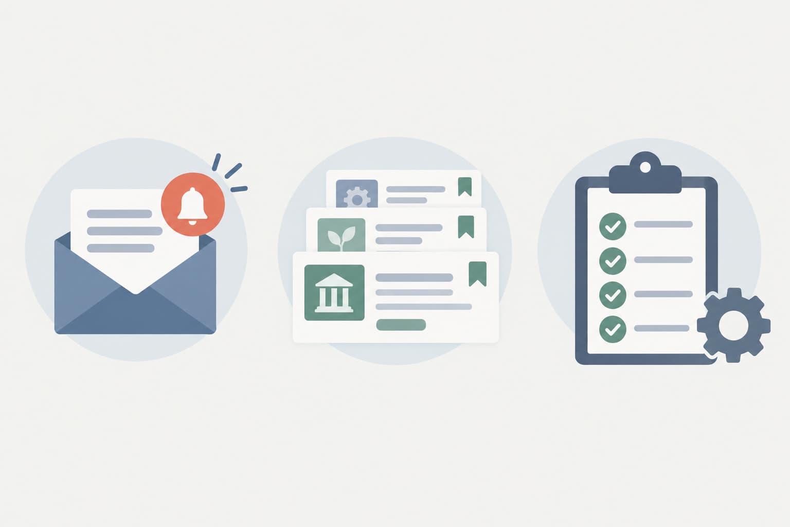 Alert emails, saved cards and a setup checklist arranged in a row