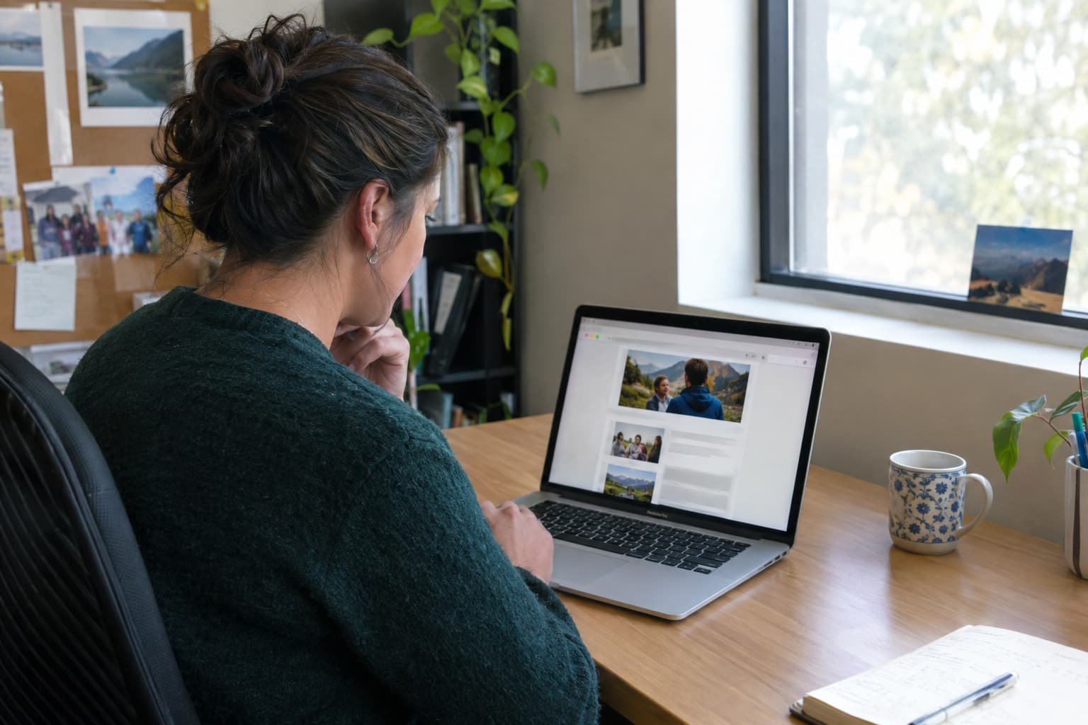 A staff member reading an email newsletter on a laptop in a small office