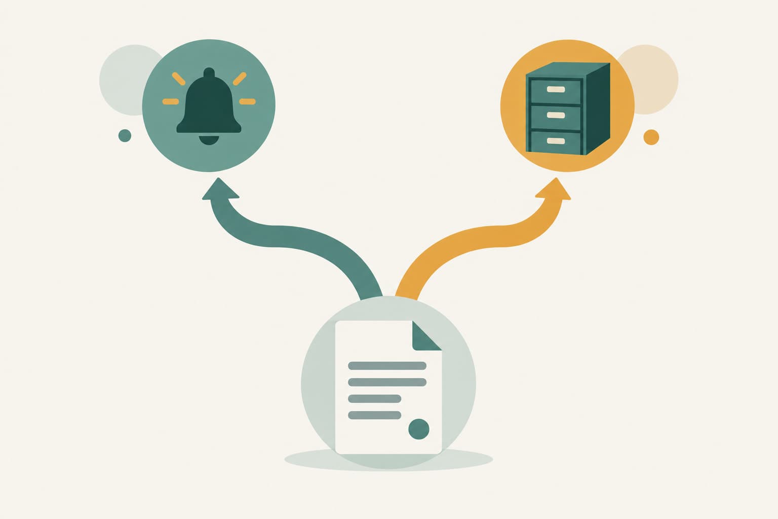 Two paths leading from a document icon toward an alert bell and a filing cabinet