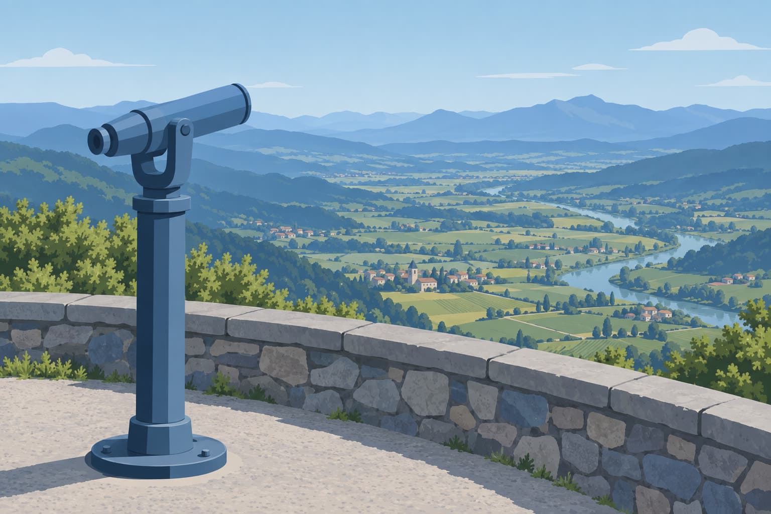 A public viewing telescope on a hilltop overlook facing a wide valley