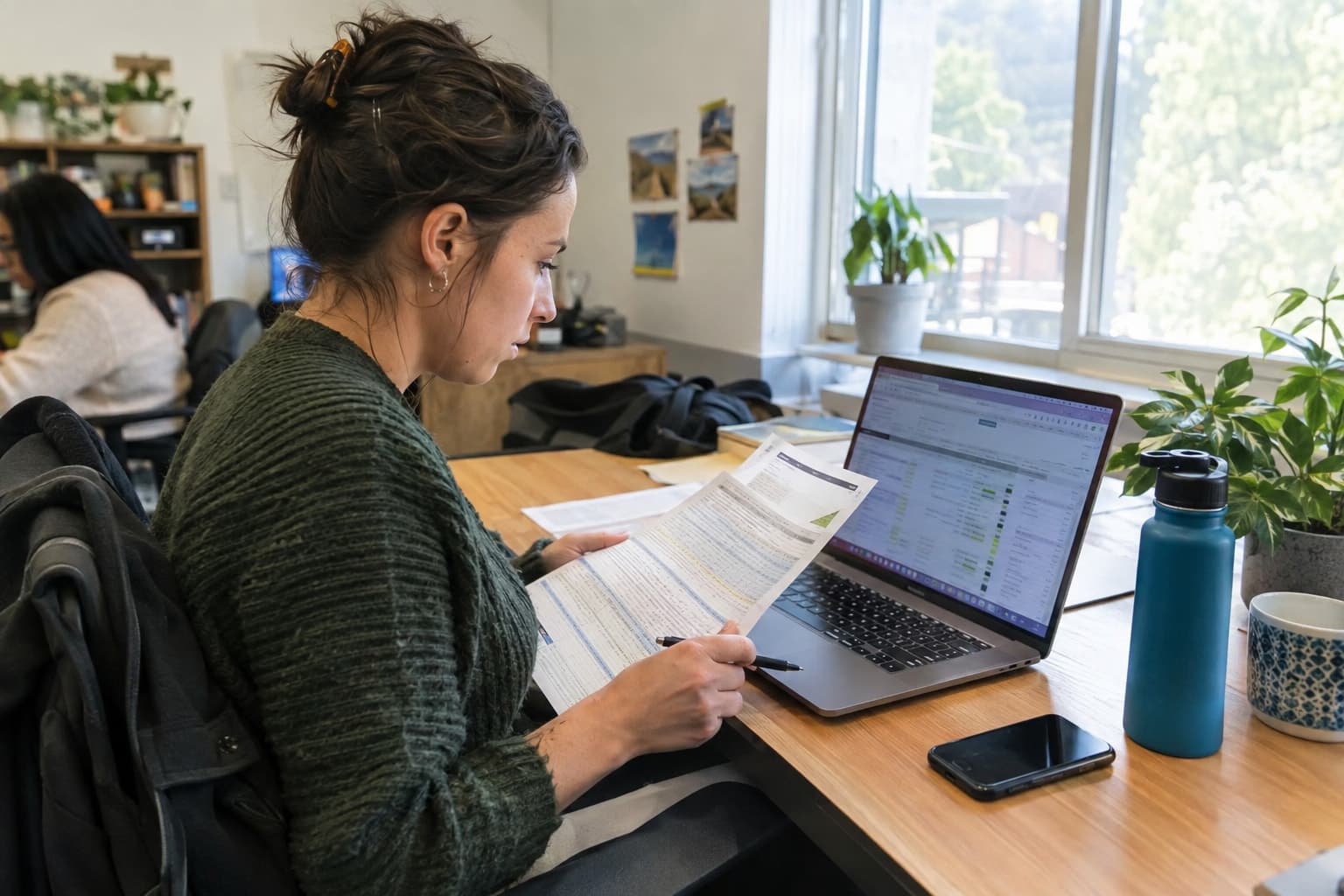 A person comparing a printed list against a laptop screen at a shared desk