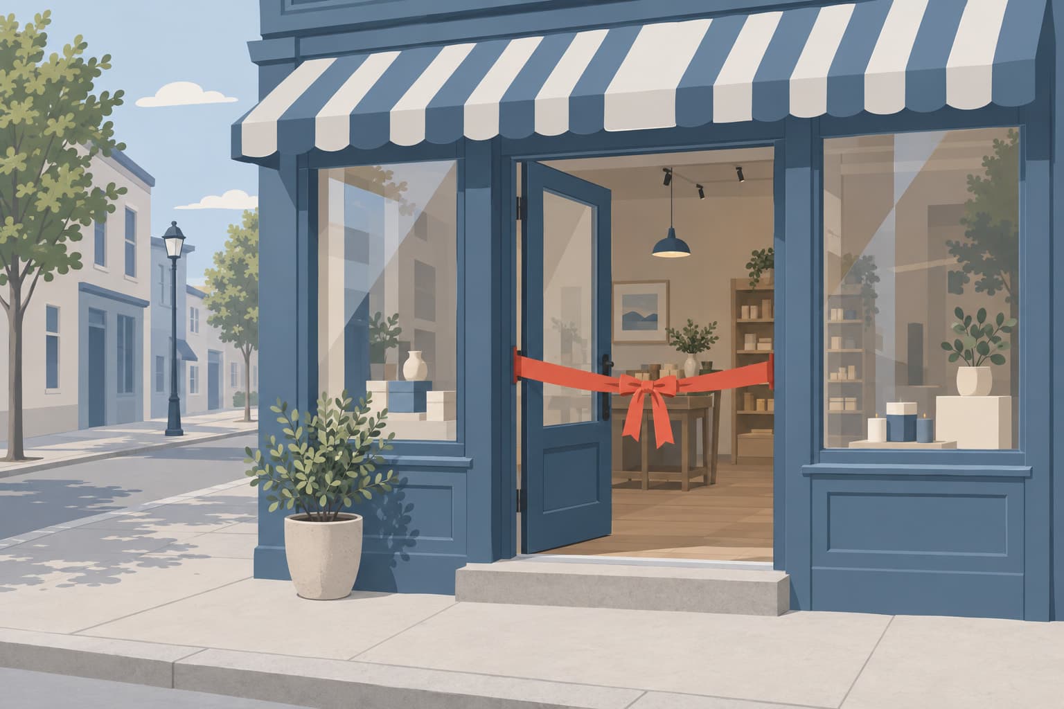 A small new storefront with a ribbon stretched across its door on opening day