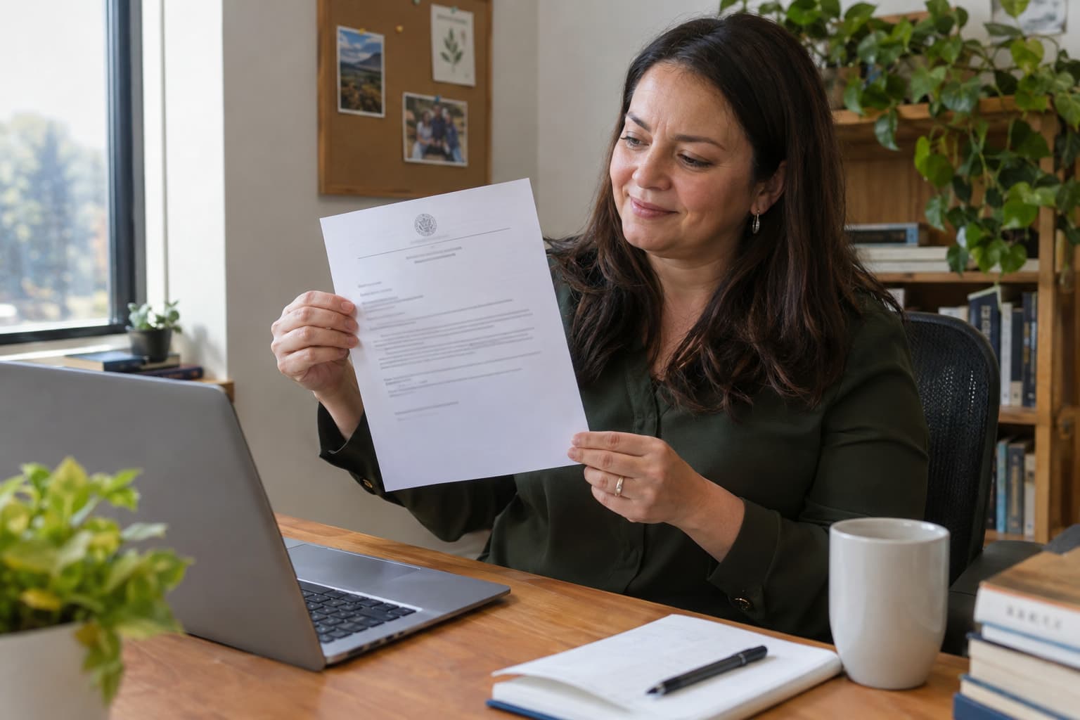 A person holding an official-looking letter beside a laptop at a small desk
