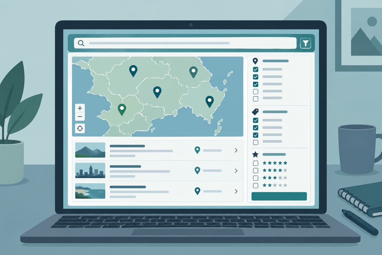 A laptop screen with a search panel, region pins and checklist filters