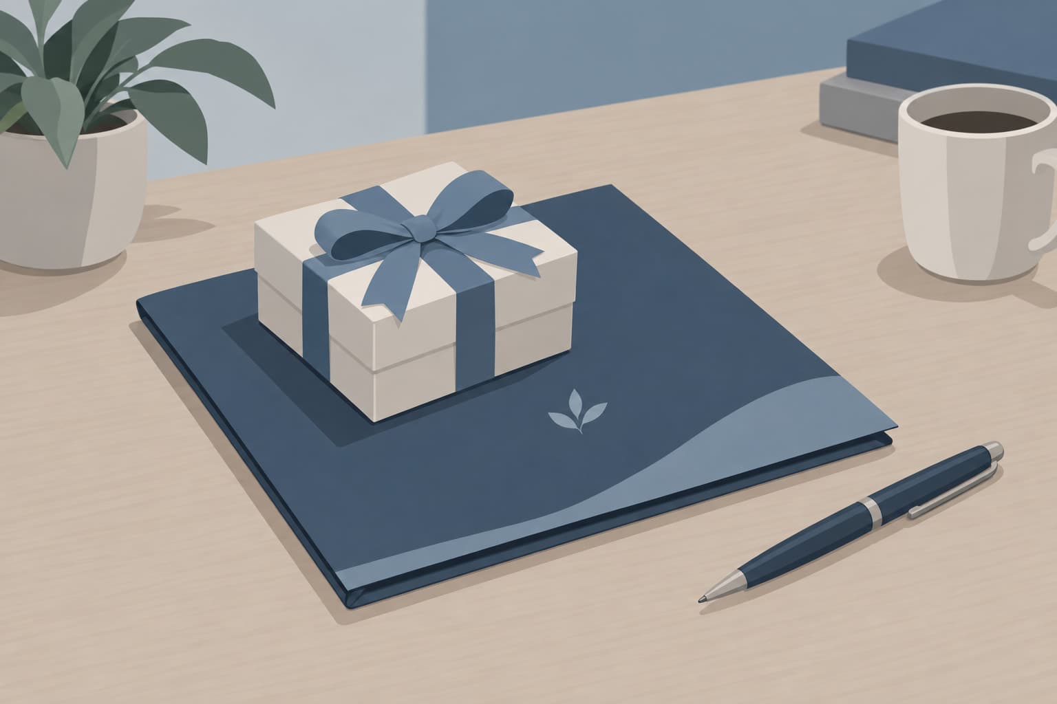 A small gift box tied with ribbon resting on a welcome packet folder
