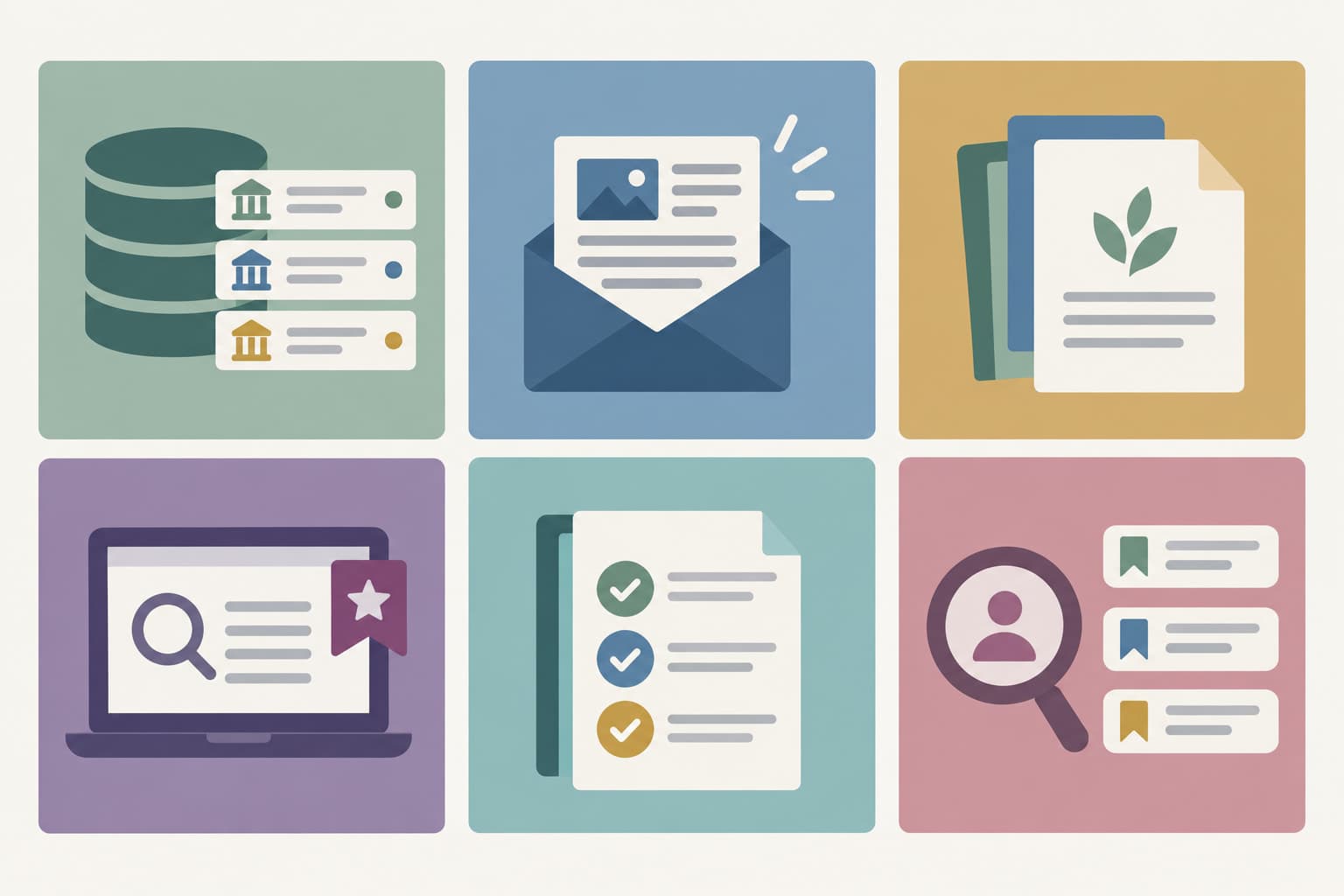 Six colored panels in a two-by-three grid with simple icons