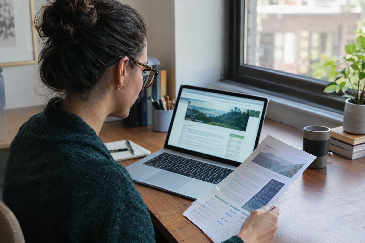 A staff member at a desk comparing a printed page with a laptop screen