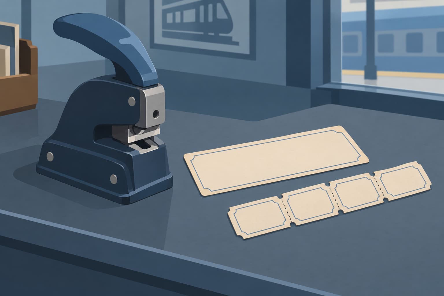 A ticket punch beside a long blank season pass and a strip of small single-ride tickets