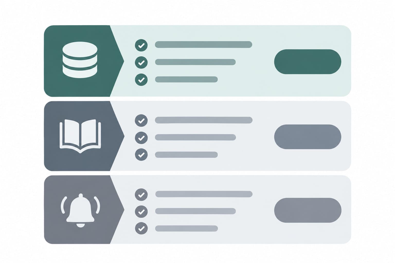 Three stacked plan blocks with small icons for a database, guides and alerts