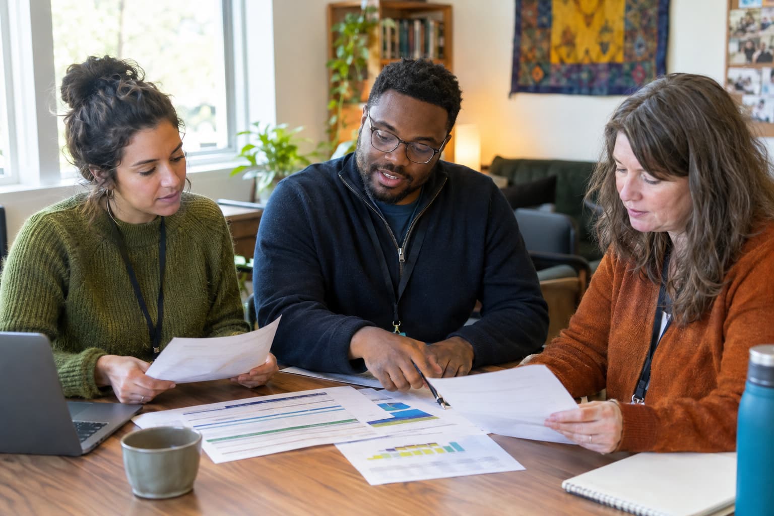 Three staff members reviewing printed budget sheets at a shared table