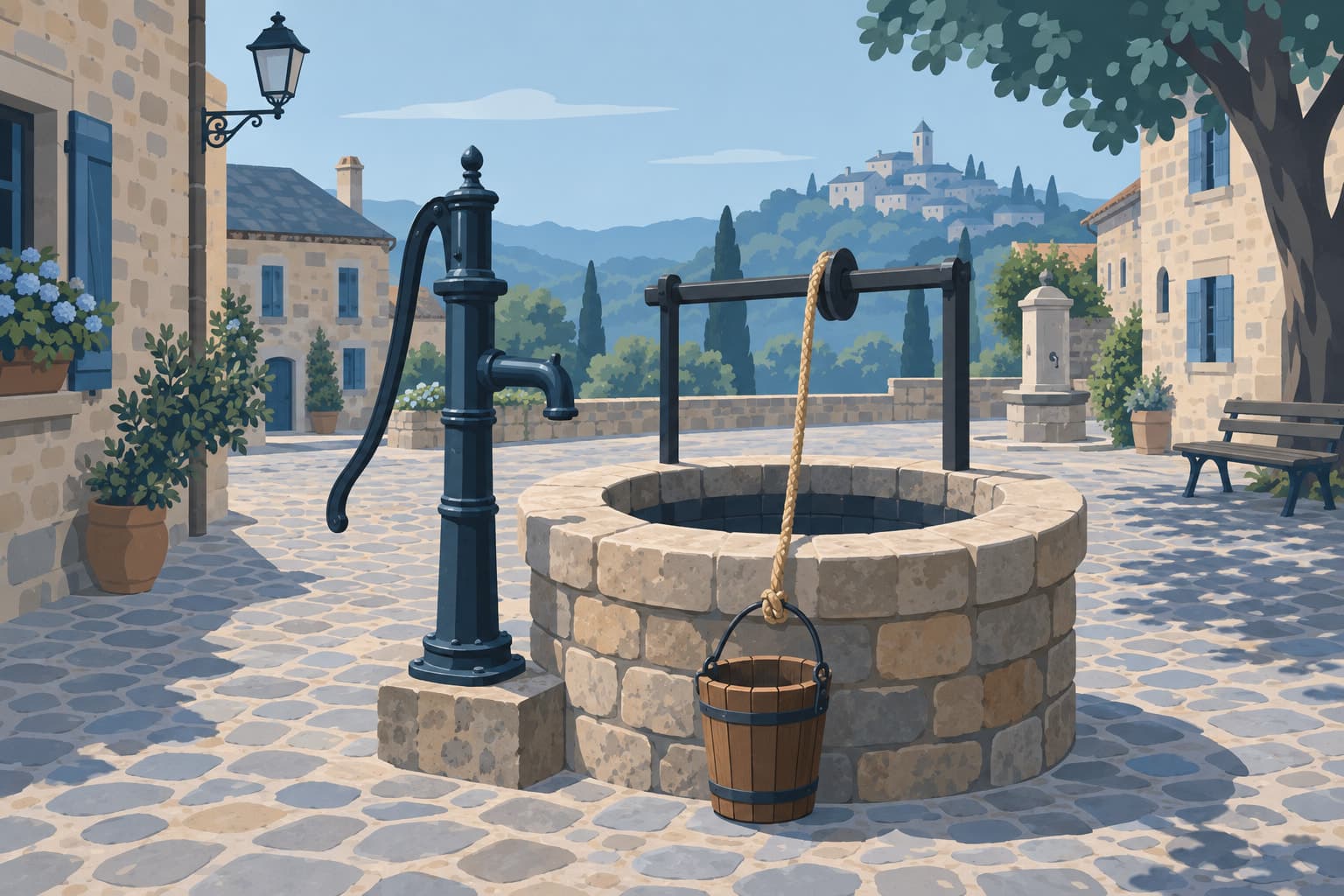 A small hand pump beside a deep stone well with a rope and bucket in a quiet square