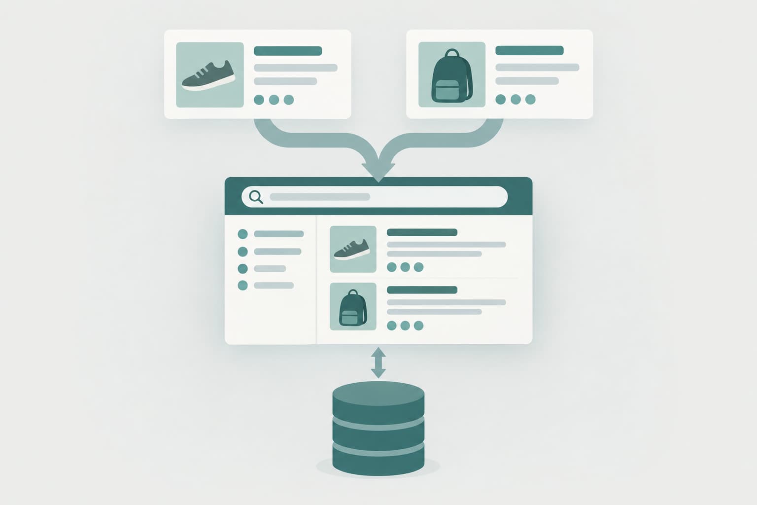 Two smaller product cards merging into one larger panel above a database cylinder