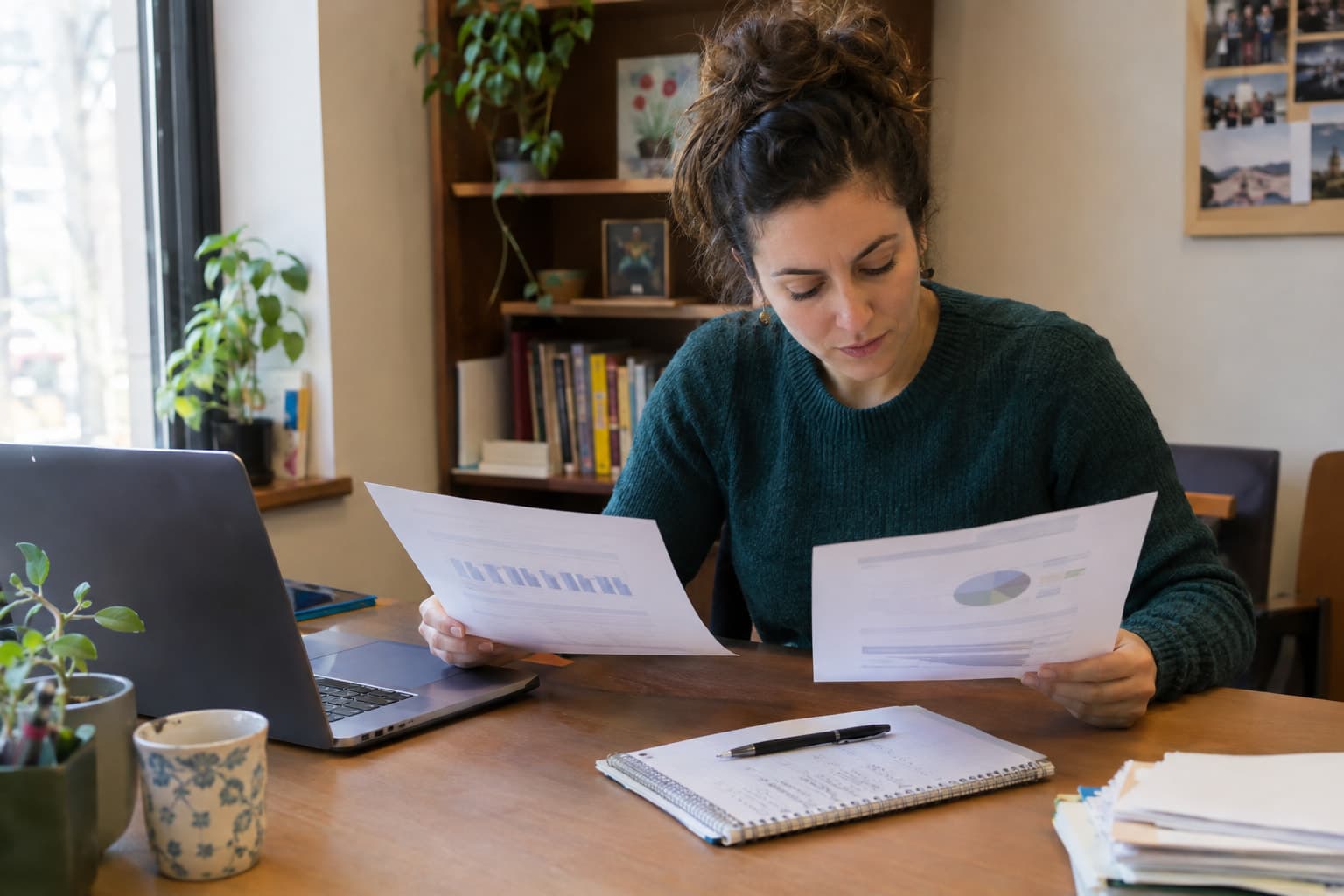A person at a desk comparing two printed reports with a laptop open nearby