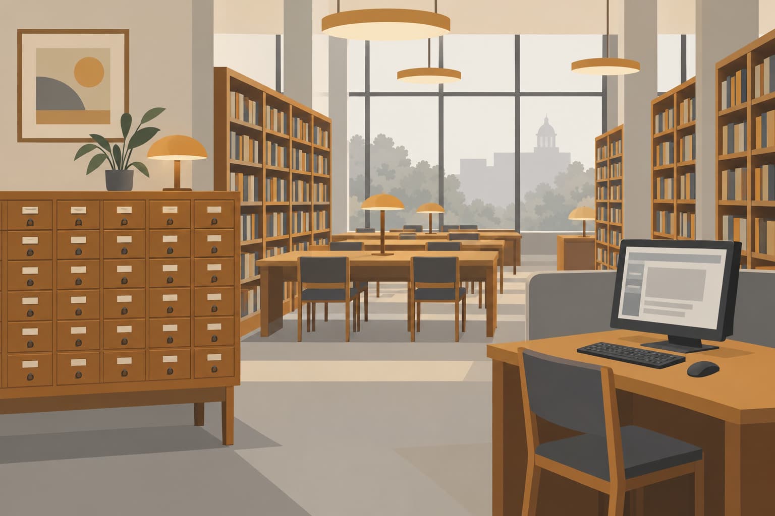A library reading room with a card catalog cabinet and an open computer terminal