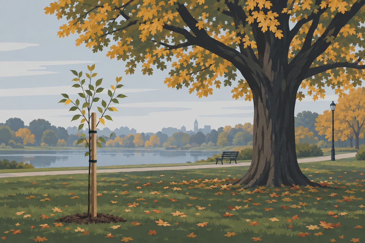 A young sapling tied to a wooden stake beside a mature tree in a park
