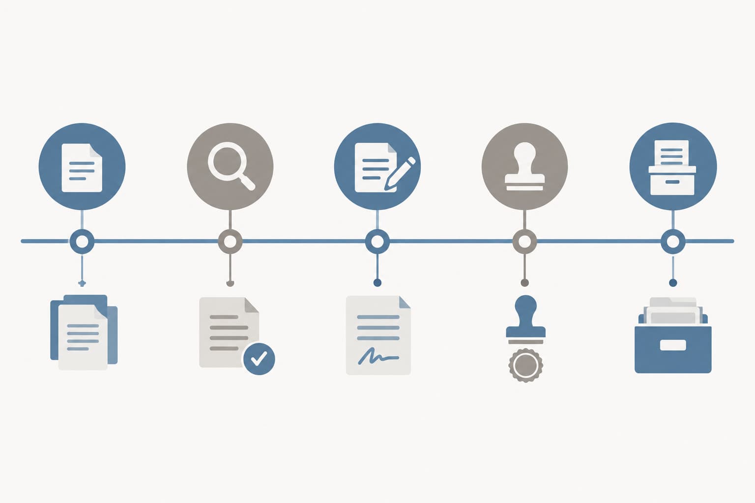 A horizontal timeline with five milestone markers and small document and stamp icons