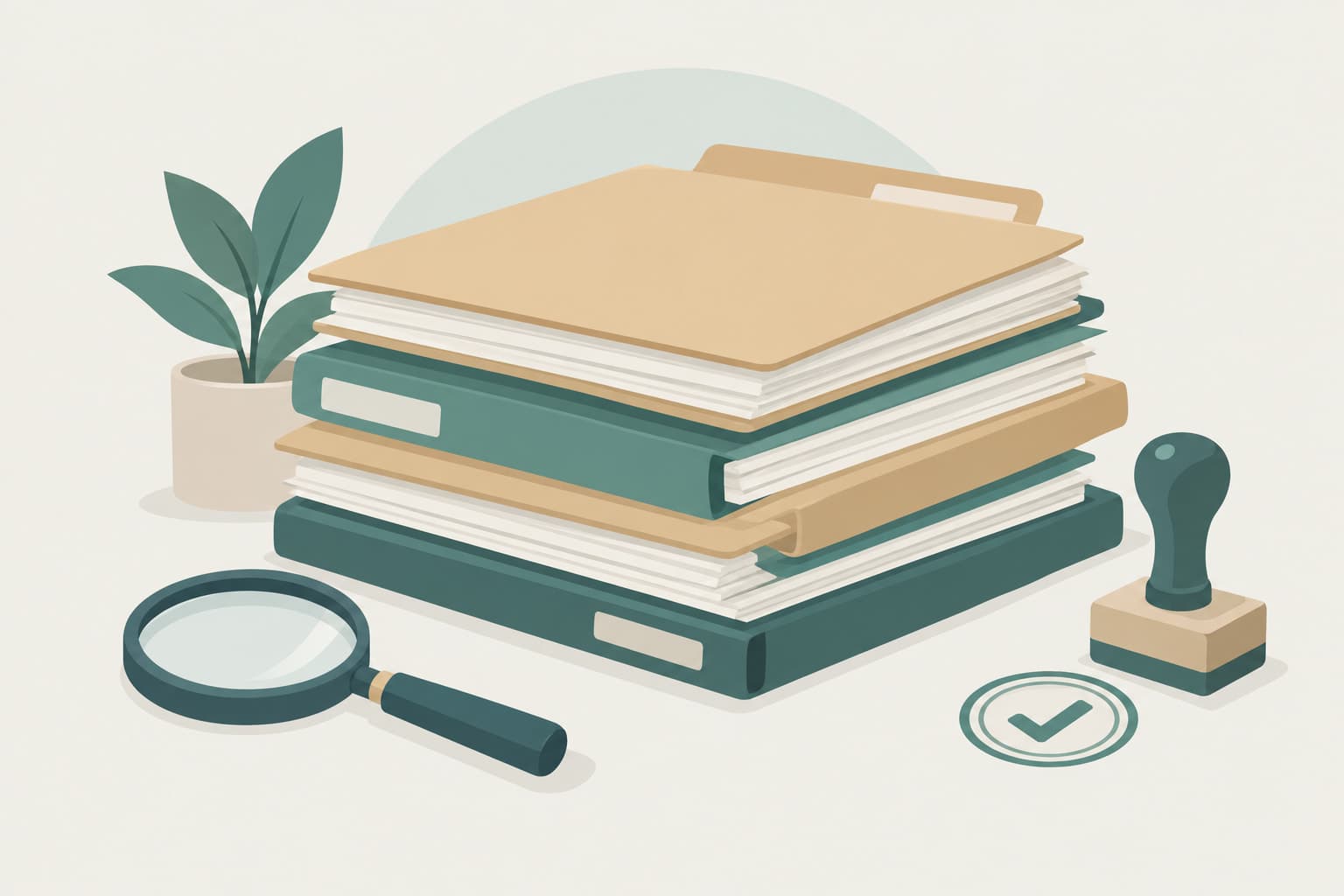 A neat stack of folders and forms with a magnifying glass and a check stamp