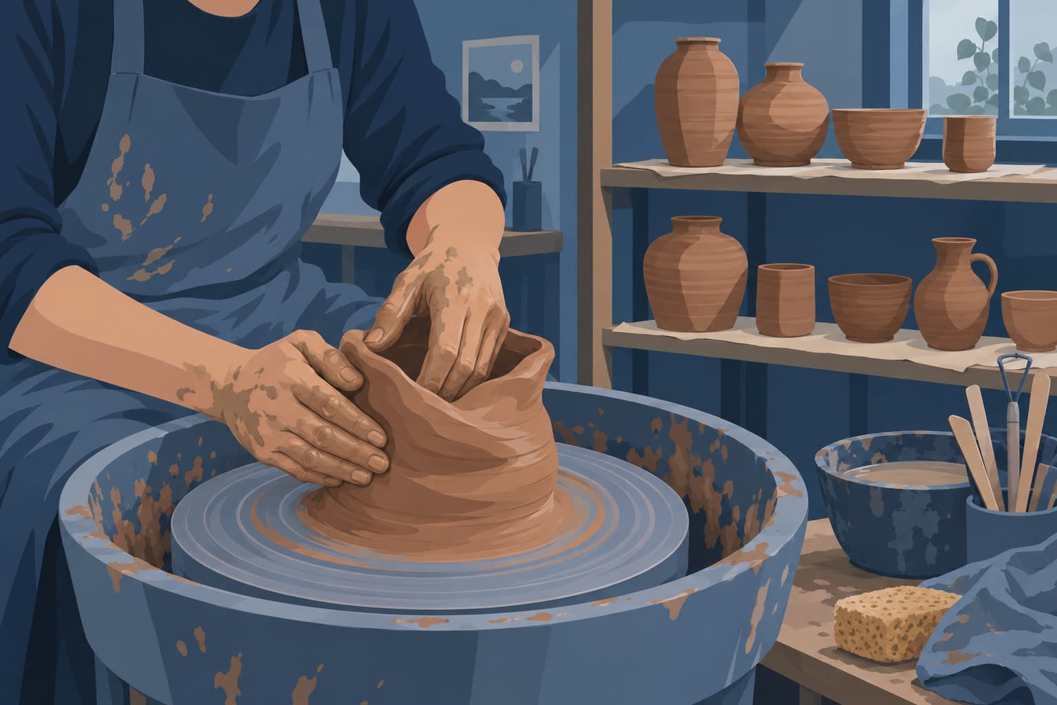 A potter reshaping a collapsed clay pot on a spinning wheel