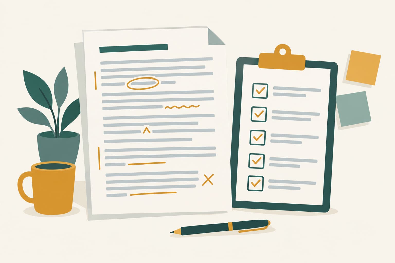 A document with revision marks beside a checklist